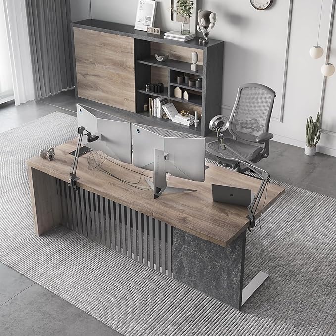 63 Inch Modern Executive Office Desk, Computer Writing Desk for Home Office, Business Furniture Workstation Stainless Steels Sturdy Frame 1.97IN Thick Desktop(Right, 63×31.5×30 in)