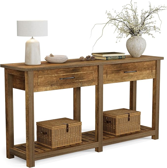 LITTLE TREE Modern Console Tables with 2 Drawers, Rustic 63 Inch Entryway Furniture, Behind Couch Table with Storage Shelf, for Living Room, Hallway, Entrance, Foyer, Rustic Brown