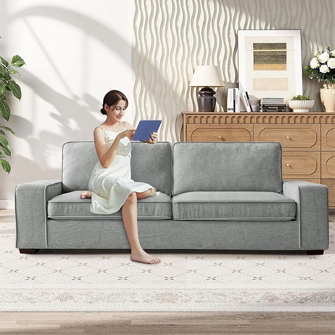 RISAR 88.58" Modern Sofa for Living Room, Chenille Couch with Removable Cover & Spring Cushions, Solid Wood Frame, Easy Assembly for Small Spaces (Light Gray)