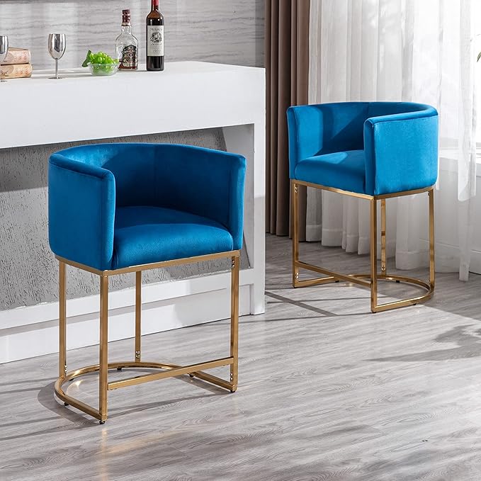 Contemporary Blue Velvet Bar Stools Set of 3, 24" Upholstered Fabric Counter Height Barstools Kitchen Counter Island Stools with Golden Metal Base