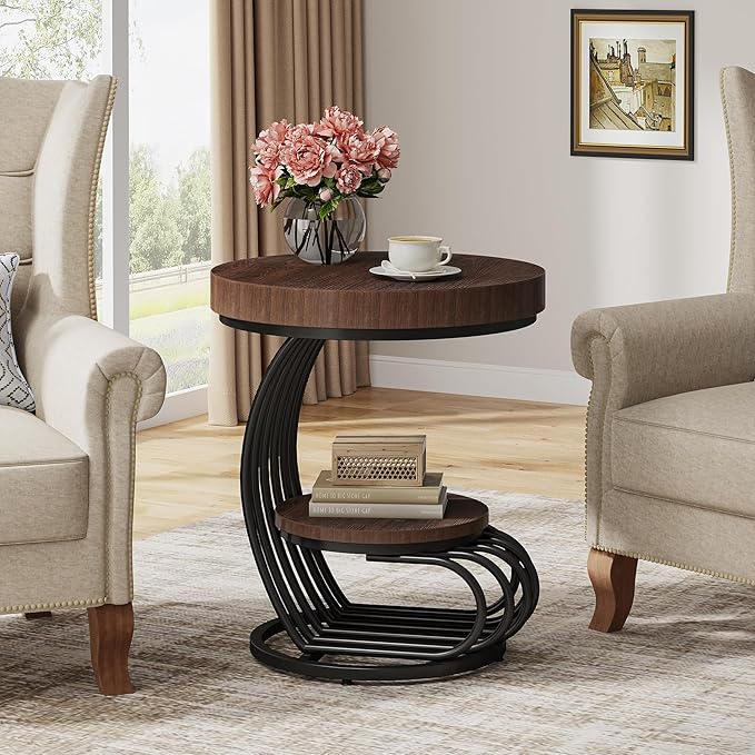 Tribesigns Round End Table Set of 2, 2-Tier Farmhose Wood Side Table with Shelf Storage, Small Sofa Side Bedside Nightstand, Accent Furniture for Living Room, Rustic Brown