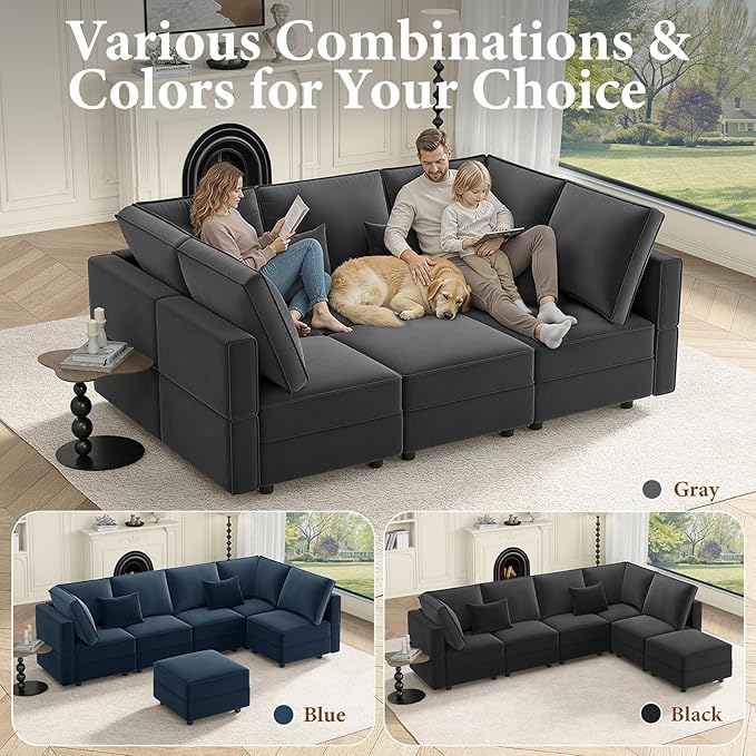 Vesgantti Sectional Sleeper Sofas with Storage, 92" Sofa Bed with 6 Seats Storage Chaises Removeble Cover, Deep Seat Modular Couches Velvet Couch Set for Living Room, Apartment, Home Theatre, Gray
