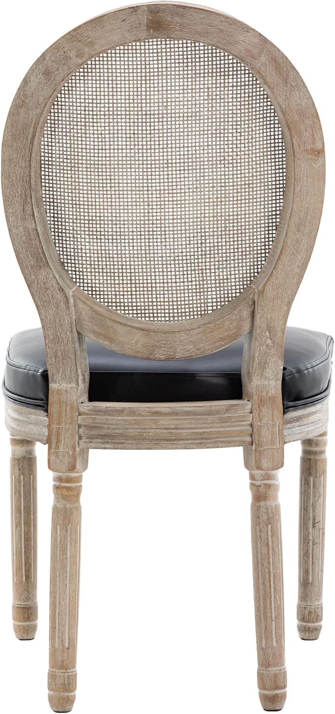 Farmhouse Leather Dining Room Chairs Set of 6 French Dining Chairs with Round Rattan Back French Bistro Chairs for Dining Room/Living Room/Kitchen/Restaurant, Black