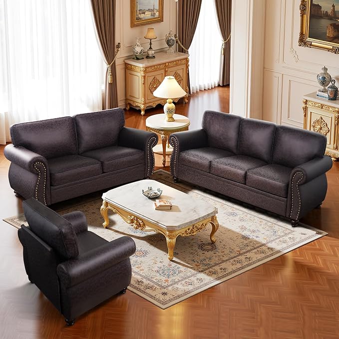 Living Room Furniture Sets,Sofa Sets and Couch Sets for Living Room,Mid-Century Vintage Sofa Couches with Rivet Design (Brown, 2 Loveseat+3 Seater)