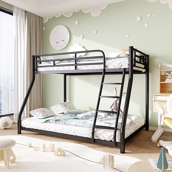 Metal Twin Over Full Bunk Bed,Bunk Beds Twin Over Full Size with Removable Wide Ladder and Full-Length Guardrail,Low Full BunkBeds Frame Heavy Duty steel Slat Support For Adults Kids and Young Teens