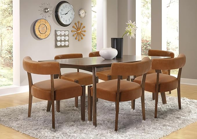 Modern Dining Chairs Set of 2, Faux Leather Upholstered Kitchen & Dining Room Chairs, Mid Century Modern Wooden Dining Chairs Oversized Sturdy Rounded Chairs Curved Back, Brown