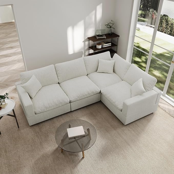 Modern Sectional Linen Couch for Living Room V-Shape Sofas,4 Seat Modular Cloud Sofas,Couches Cushion Covers Removable,Cozy Feather Down Sofa for Apartment Cream White