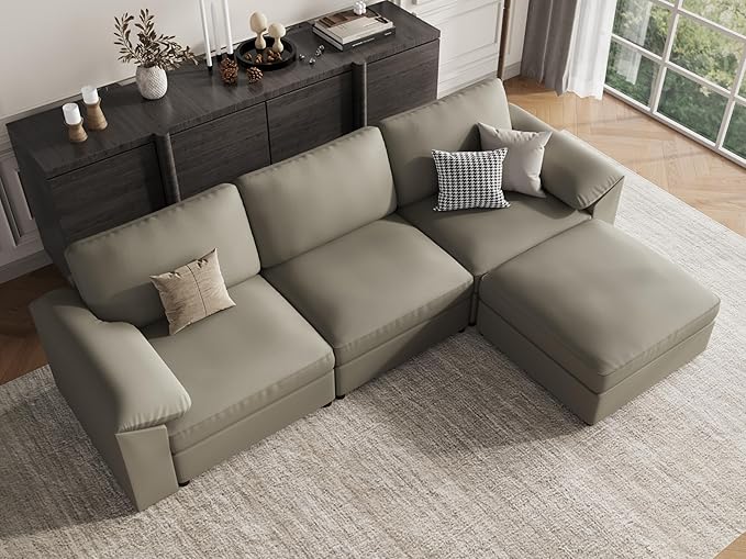 EASE MOOSE Leather Sectional Couch, Oversized Modular Sectional Sofas, Wide Deep Seat Modular Couch, Scratch Resistant Faux Leather Material, L Shaped Sofa for Big Spaces,Light Grey