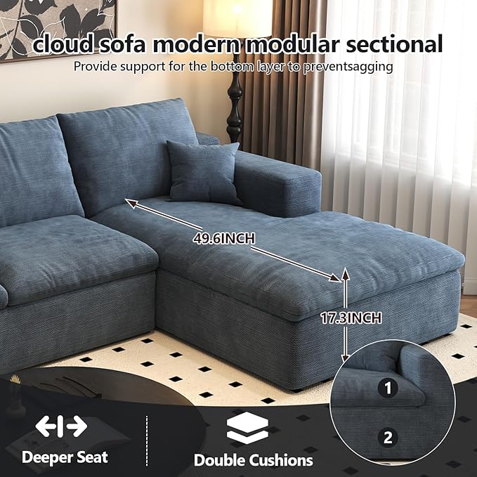 136.6'' U-Shaped Modern Modular Sectional Cloud Couch Whit Ottoman, 4-Seat Chenille Deep-Seat Sofa with Pillow for Living Room, Bedroom, Apartment, Ocean Blue