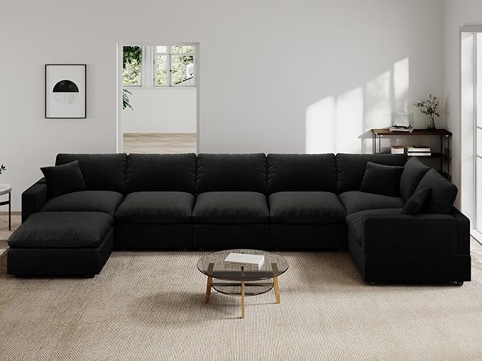 Modern Sectional Linen Couch for Living Room V-Shape Sofas,7 Seat Modular Cloud Sofas,Couches Cushion Covers Removable,Cozy Feather Down Sofa for Apartment Black