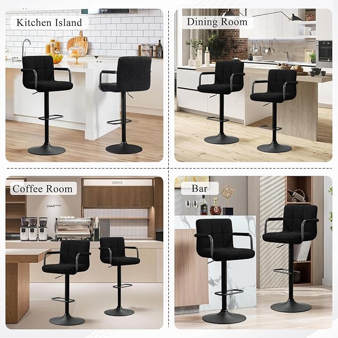 Furniliving Swivel Bar Stools Set of 4, Adjustable Kitchen Counter Height BarStools with Arms, Sherp Upholstered Bar Chair with Back and Footrest for Dining Room, Kitchen, Pub, Bar (Black)