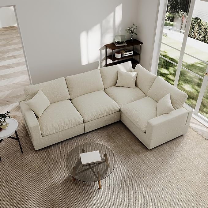Modern Sectional Linen Couch for Living Room V-Shape Sofas,4 Seat Modular Cloud Sofas,Couches Cushion Covers Removable,Cozy Feather Down Sofa for Apartment Beige