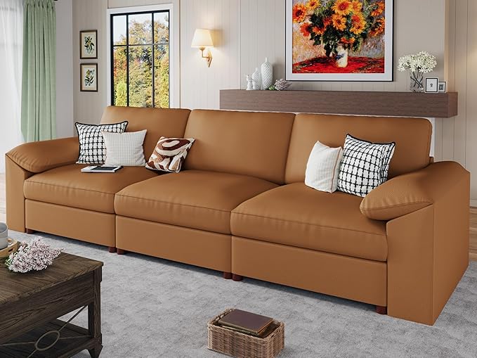 EASE MOOSE 3 Seater Deep Seat Sectional Sofa, Scratch Resistant Faux Leather Material, Oversized Modular Couch for Living Room,Modern Comfy Sofas for Small Spaces,Brown