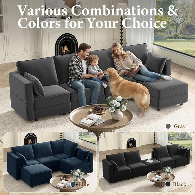 Vesgantti Sectional Couches with Storage Seats, 118" L Shaped Convertible Modular Sectional Sofa, 4 Seat & 1 Ottoman Velvet Storage Chaises Deep Seat Couch for Living Room, Bedroom, Apartment, Gray