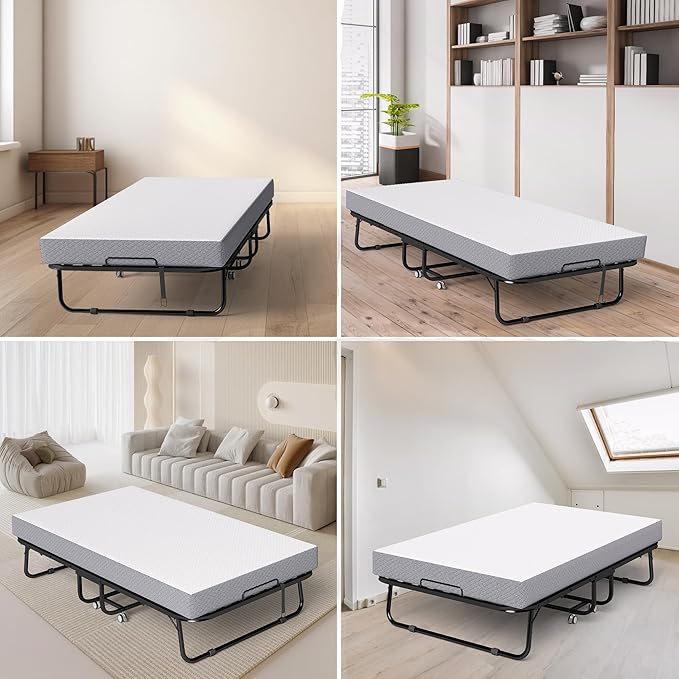 Folding Bed with Memory Foam Mattress, Portable Rollaway Guest Beds on Wheels, 75"x38" Twin Size Space-Saving Cot-Size Bed for Adults with Easy Assembly Metal Frame (White)