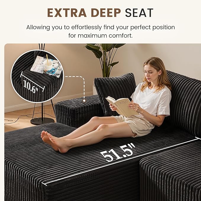 Apicizon 113" Sectional Sofa Couch for Living Room, 3 Seat Boneless Sofa with Chaise Longue, L-Shape Modular Sectional Couches with Deep Seat for Apartment,No Assembly Required (Stripe Corduroy Black)