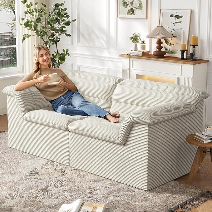 88" Sofa with Deep Seats Oversize, 3 Seater Cloud Couches, Upholstered Corduroy Couch for Living Room Bedroom, No Assembly Required, Beige