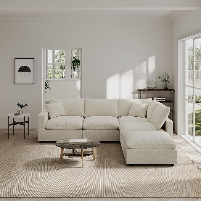 Modern Sectional Linen Couch for Living Room V-Shape Sofas,5 Seat Modular Cloud Sofas,Couches Cushion Covers Removable,Cozy Feather Down Sofa for Apartment Beige