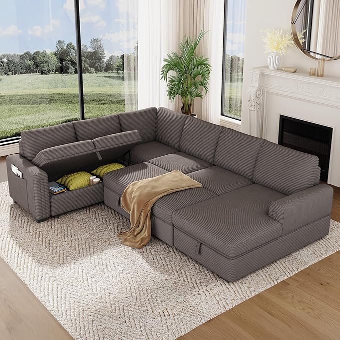 Vesgantti 113.6" Pull Out Sofa Bed with Chaise, 7 Seater U Shaped Sleeper Sofa with Storage Chaise, Corduroy Modular Sectional Couch for Living Room, Bedroom, Apartment, Light Coffee