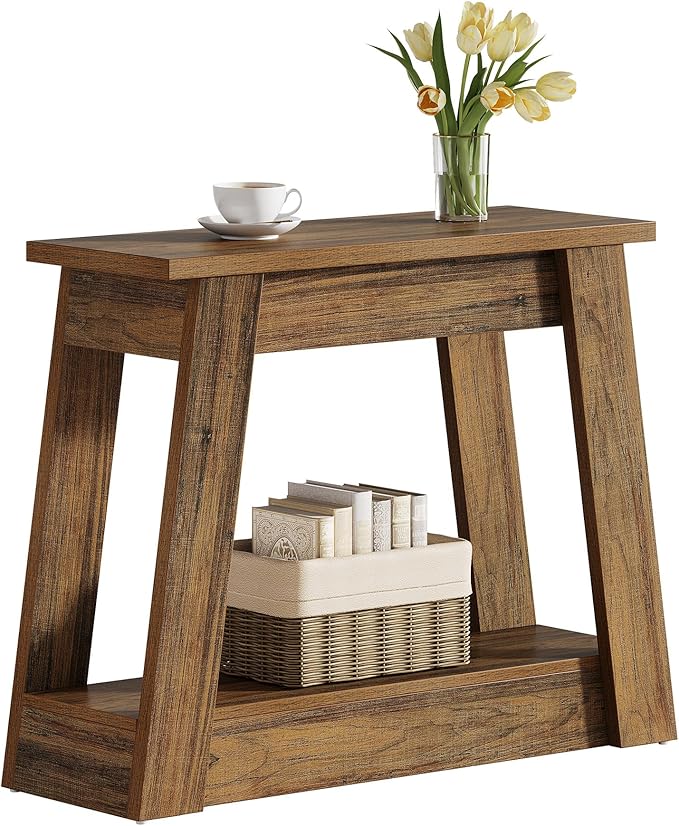 Tribesigns Wood End Table, Small Side Table with 2 Storage Shelves, Rustic Accent Narrow Nightstand for Living Room, Bedroom (1)