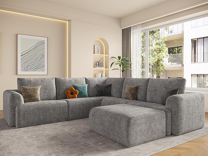 EASE MOOSE Boneless Modular Cloud Couch, Oversized U-Shaped Sectional Sofa for Living Room with Ottoman, Extra Large Movable Couches, 6-Deep-Seat Sofas for Bedroom, Apartment, Chenille (Light Grey)