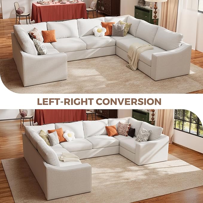 ABCASA U Shaped Sectional Sofa with Detachable Cover, Modular Couch for Living Room, Breathable Linen Fabric Corner Couch with 9 Seats, Ivory