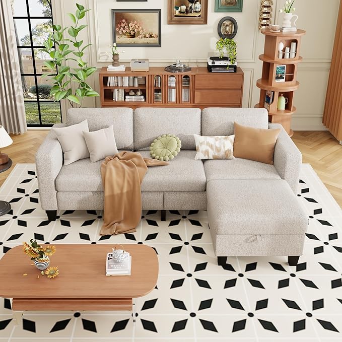 ZeeFu Sectional and Sofa Couches for Living Room - 78'' 3 Seater L-Shaped Modular Couch with Storage Ottoman - Modern Velevt Fabric Upholstered Sofa Set for Small Space Apartment Office