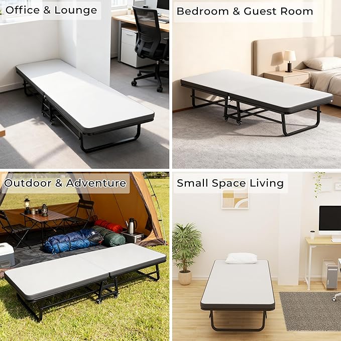 Folding Bed with Mattress, Portable Rollaway Guest Beds On Wheels, 72"x 32" Twin Size Portable Bed for Adults, Metal Bed Frame, Space Saving Roll Away Beds for Small Apartment
