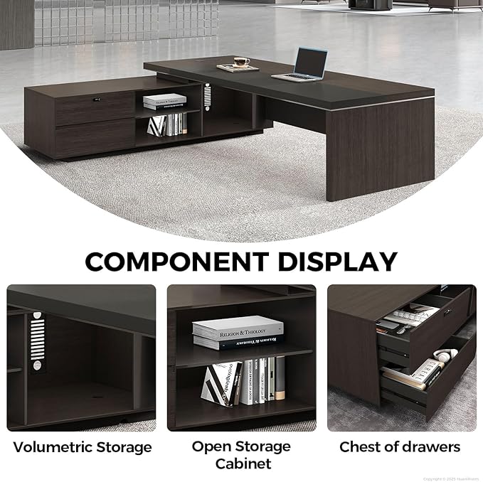 Reversible L Shaped Executive Desk with Lockable Drawers, Power Box & Cable Management, Dual-Tone Modern Wood Office Desk with Storage Cabinets & Privacy Panel for Home Office