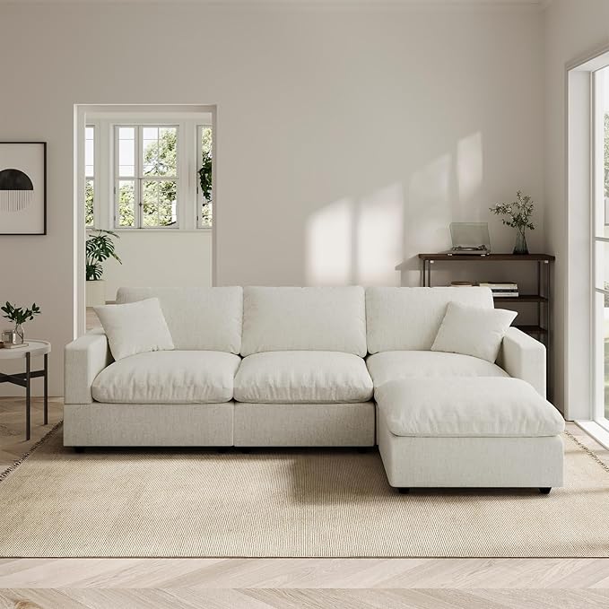 Modern Sectional Linen Couch for Living Room L-Shape Sofas,4 Seat Modular Cloud Sofas,Detachable Couch Cushion Covers,Cozy Feather Down Sofa for Apartment Cream White