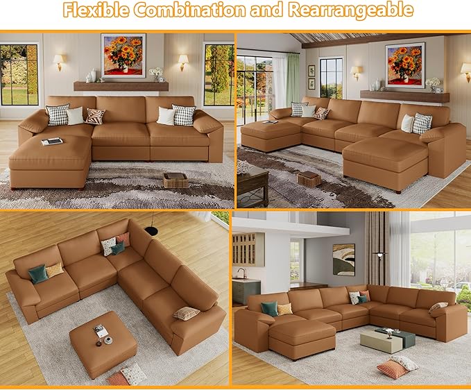 EASE MOOSE Oversized Corner Modular Sectional Sofa with Ottoman, Faux Leather Sectional Sofa with Deep Seat, Scratch Resistant Faux Leather Material, Extra Large L Shaped Couch, Brown