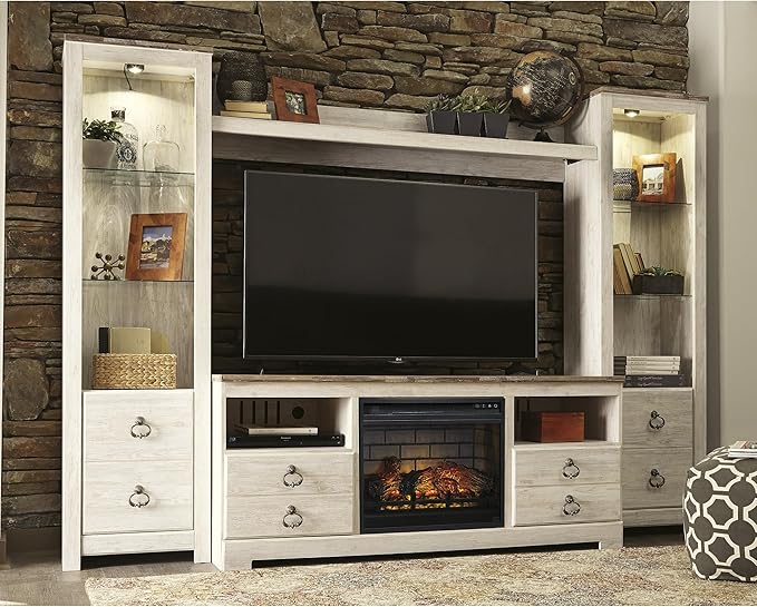 Signature Design by Ashley Entertainment Accessories Vintage 4-Piece Entertainment Center for TVs up to 72" with Electric Fireplace and LED Lights, Whitewash