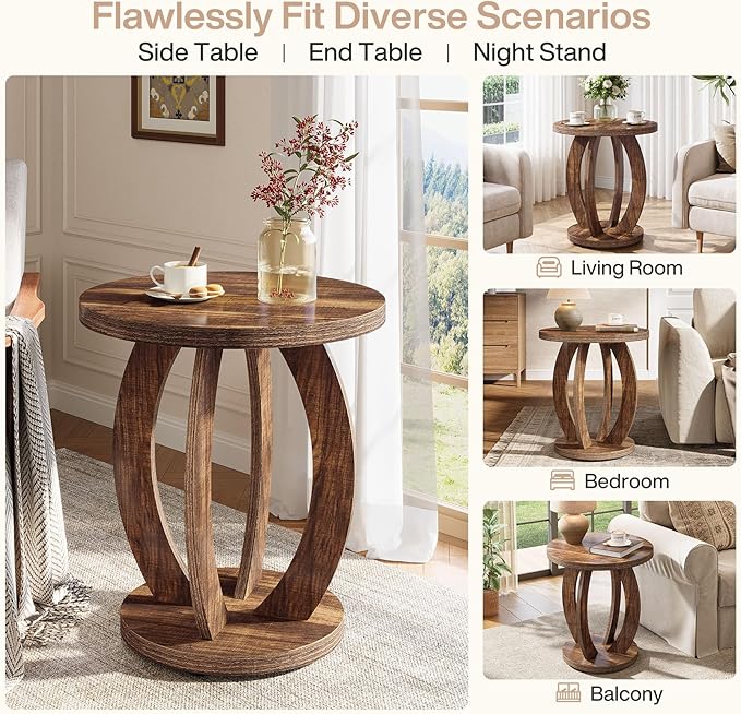 Tribesigns End Table, Round Side Table with Storage, Farmhouse Nightstand Bedside with Round Tabletop, Accent End Table for Living Room Bedroom Small Space, Wooden Accent Furniture (2, Dark Brown)