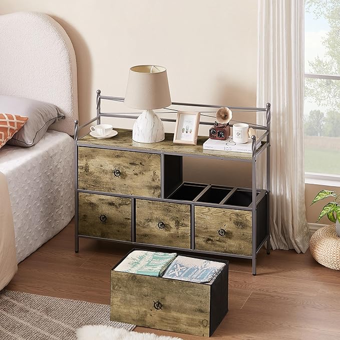 VECELO Dresser TV Stand for Bedroom with 5 Fabric Drawers, Entertainment Center for 32/40/43 in TVs, Media Console Table with Storage, Open Shelf, Adjustable Feet, Living Room Furniture, Rustic Gray