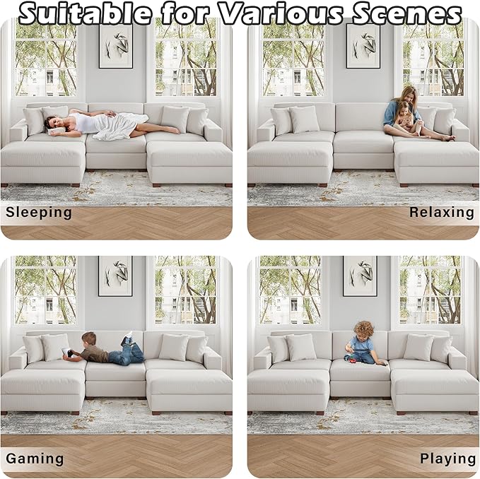 Modular Sectional Couches for Living Room, 118" Modern Upholstered Sofa Couche with Ottoman for Living Room Bedroom, Beige