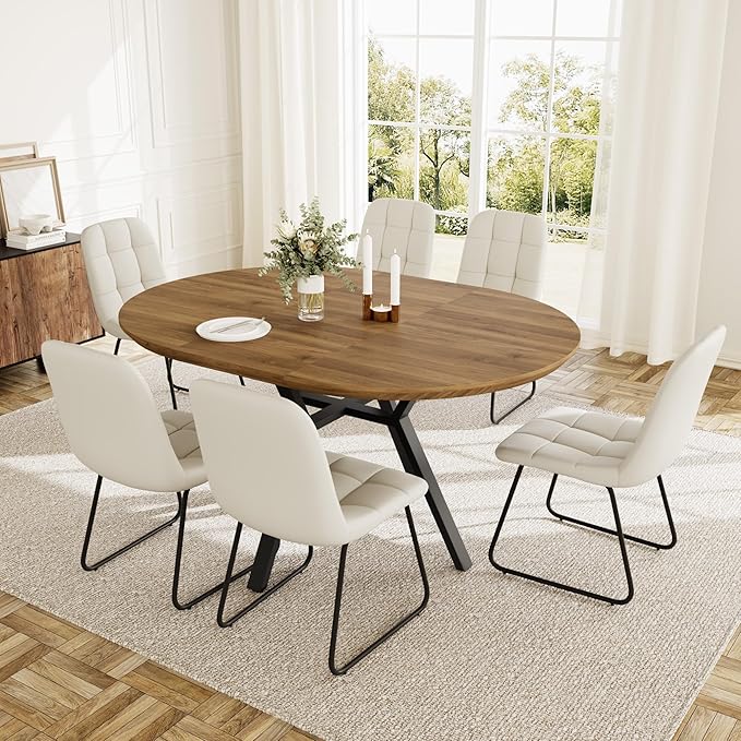 Extendable Round Dining Table Set for 6 People, 43.3"-59.1" Extendable Kitchen Table with 6 Upholstered Chairs, Space Saving for Kitchen Dining Room (Walnut Table+6 U-Shaped White Chairs)