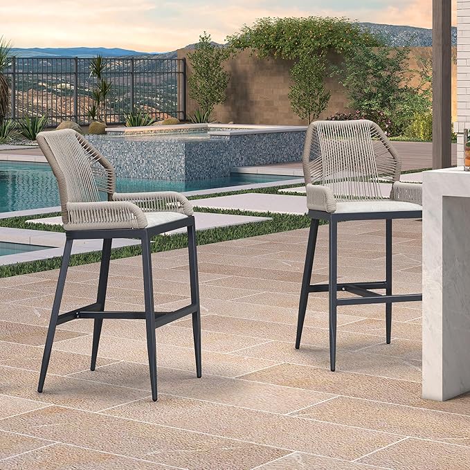 PURPLE LEAF 4 Pieces Bar Stools Patio Modern Rattan Barstools Aluminum Woven Tall Bar Chairs with Cushions for Outdoor Kitchen Island Garden