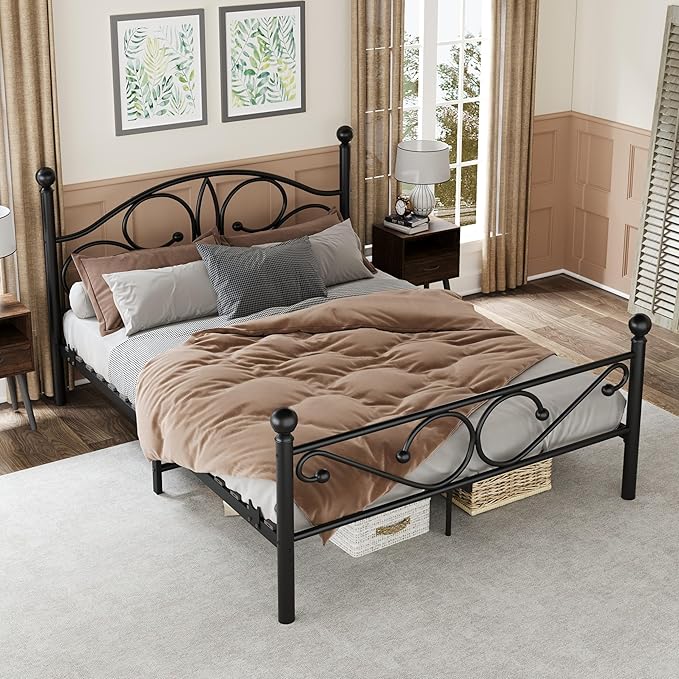 Metal Queen Single Bed Frame with Storage Space, 82.7" in Steel Bed Frame with Protective Foot Pads, Strong Bearing Capacity Queen Size Bed, Easy Assembly, Underbed Storage Space(40.1 inch)