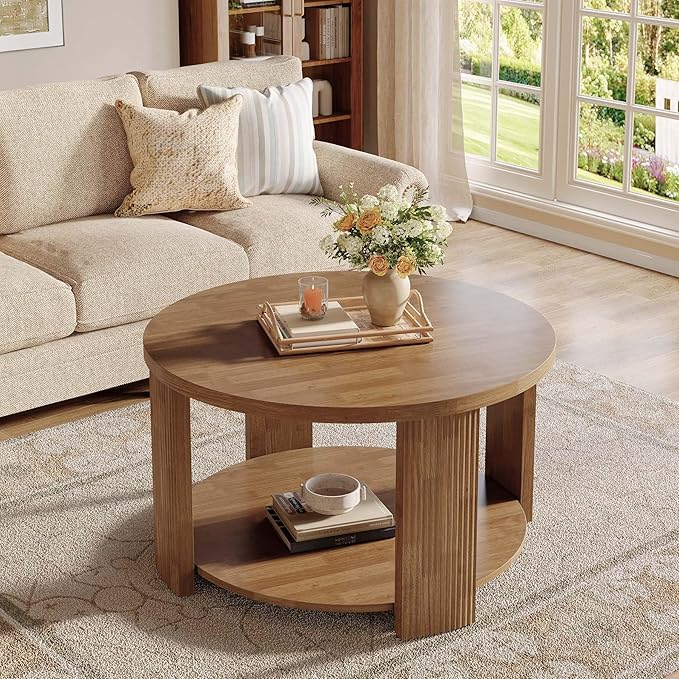 Tribesigns 2-Tier Round Coffee Table for Living Room, 31.5-Inch Mid-Century Modern Circle Accent Center Table with Thick Tabletop, Farmhouse Low Cocktail Tea Furniture, Easy Assembly (Rustic Brown)