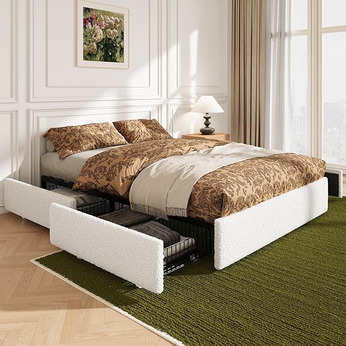 Allewie Queen Size Bed Frame with 4 Oversized Storage Drawers, Soft Teddy Fabric, Boucle Upholstered Platform Bed, Wooden Slats Support, Noise-Free, No Box Spring Needed, Easy Assembly, White