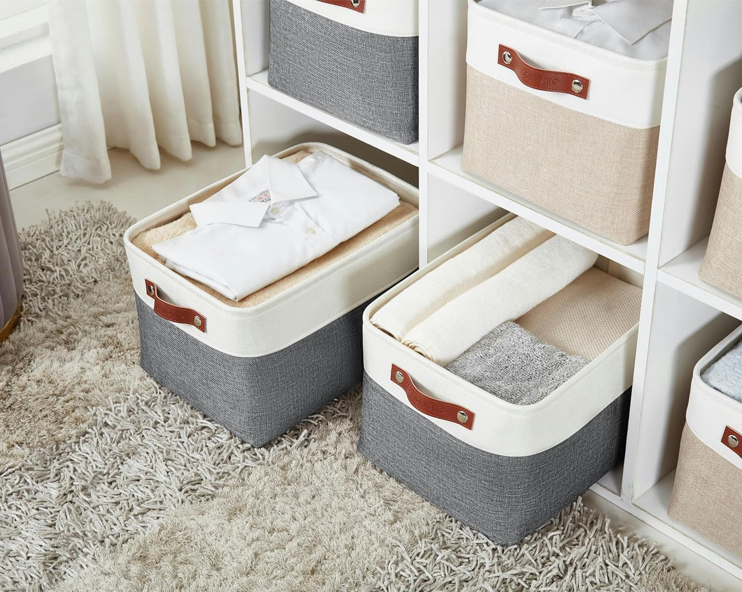 DECOMOMO Storage Bins Fabric Storage Baskets for Shelves, Linen Closet Organization Toys Nursery (Slate Grey and White, Large - 4 Pack)