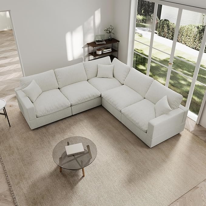 Modern Sectional Linen Couch for Living Room V-Shape Sofas,5 Seat Modular Cloud Sofas,Couches Cushion Covers Removable,CozyFeather Down Sofa for Apartment Cream White