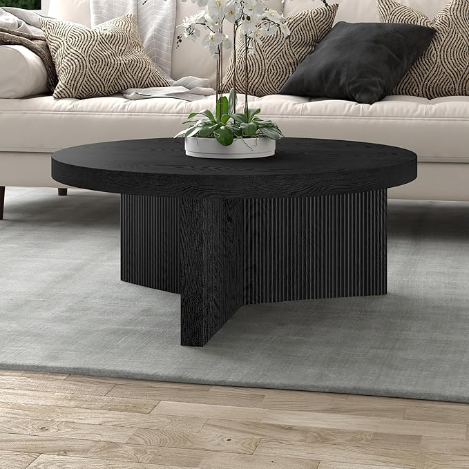 Henn&Hart 36" Fluted Round Low-Profile Coffee Table with Ribbed Pedestal Base for Living Room, Family Room, or Office, Black Grain