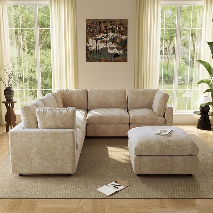 WJShome Modern V Shaped Sectional Couches for Living Room,100 Inch 5-Seater Chenille Deep Seat Modular Sofa with Ottoman, Cloud Couch for Bedroom and Apartment,Khaki