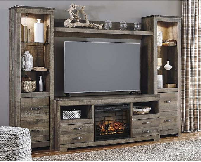 Signature Design by Ashley Entertainment Accessories Urban 4-Piece Entertainment Center for TVs up to 72" with Electric Fireplace and LED Lights, Dark Brown