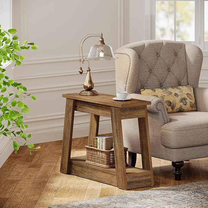 Tribesigns Wood End Table Set of 2, Small Side Table with 2 Storage Shelves, Rustic Accent Narrow Nightstand for Living Room, Bedroom (2)