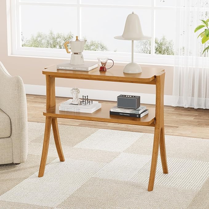 Tribesigns Narrow Side Table for Living Room, Farmhouse End Table with 2-Tier Storage Shelf and Solid Wood Legs, Slim Tall Bedside Table Nightstand for Bedroom, Small Spaces, Entryway, Brown(1)