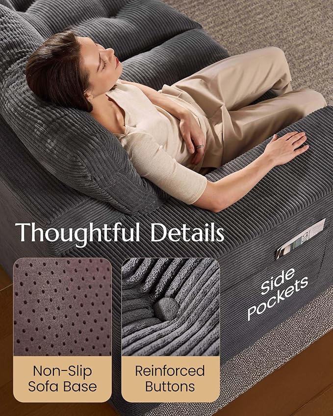 High Back Boneless Couch, Loveseat Cloud Couch with Versatile 2-Pack Pillow Blankets, Corduroy Modular Sectional Sofa, No Assemble Sectional Couches for Living Room, Dark Grey