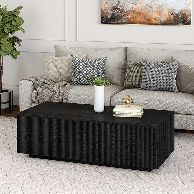 Henn&Hart 48" Fluted Rectangular Low-Profile Coffee Table for Living Room, Family Room, or Office, Black Grain