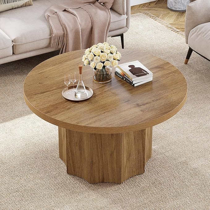 Tribesigns Round Coffee Table, 31.5" Mid Century Modern Center Table with Fluted Base, Farmhouse Wooden Accent Cocktail Tables for Small Space, Living Room, Apartment, Brown
